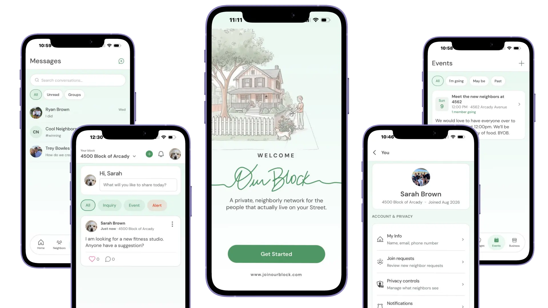 Our Block app screens: messages, block feed, welcome, events and profile